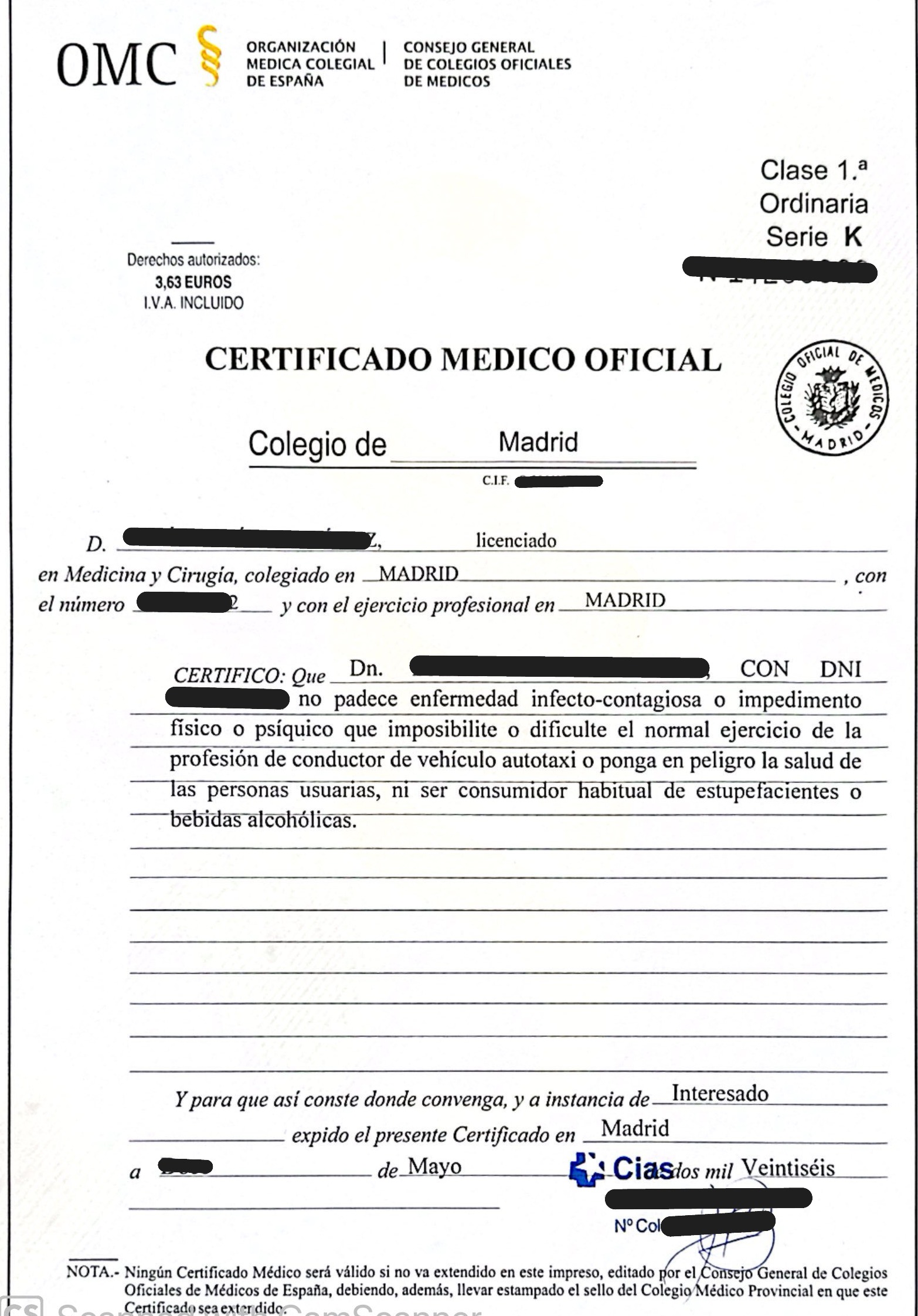 Ejemplo real de certificado médico para carnet de taxi.
